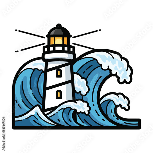 A stylized illustration of a lighthouse amidst a raging ocean wave
