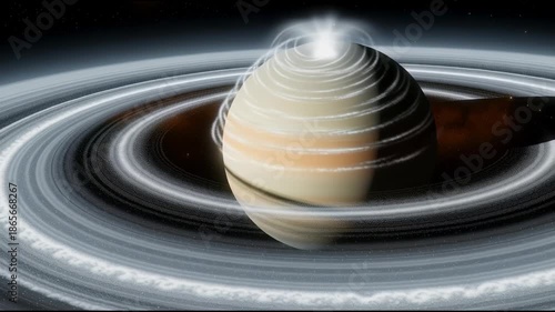 Cosmic planet with rings and energy beams against starry background