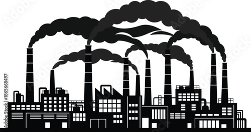 Industrial pollution silhouette, factory chimneys, black smoke, air contamination, environmental impact, manufacturing zone, toxic emission, urban industry