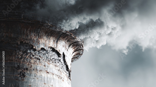 An ominous smokestack against a dramatic, cloudy sky, suggesting industry or pollution
