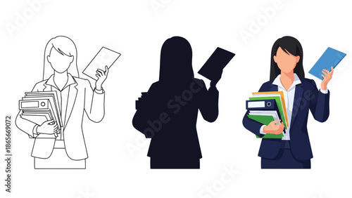 Businesswoman holding stack of documents and files, professional female office worker with paperwork and folders, illustration in outline, silhouette, and color versions