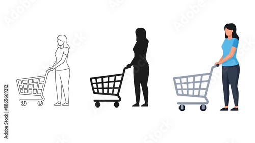 Set of three illustrations of a woman pushing a shopping cart outline, silhouette, and full color vector graphic