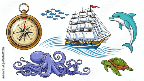 Nautical elements including a compass, sailboat, dolphin, octopus, and sea turtle.