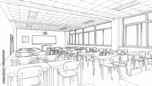 Empty Classroom Sketch with Desks and Chairs Ready for Learning.