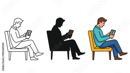 Man sitting a chair reading a tablet or ereader in three styles outline, silhouette, and full color illustration