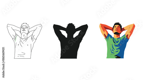 Man relaxing with hands behind head, vector illustration set showing line art, silhouette, and color graphic