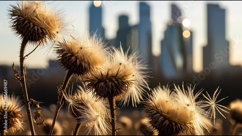 Close up of dry thistle wildflowers against cityscape background
