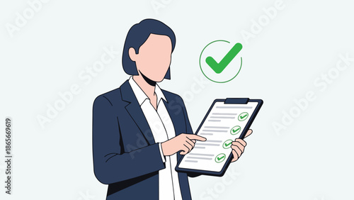 Businesswoman Reviewing Checklist with Marked Items