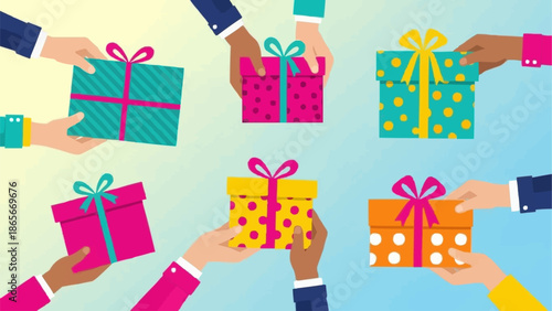 Hands holding colorful gift boxes with ribbons and bows.