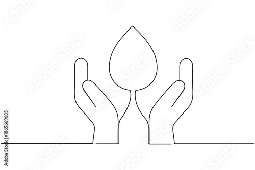 One line art drawing of hands holding a water drop for environmental conservation concept