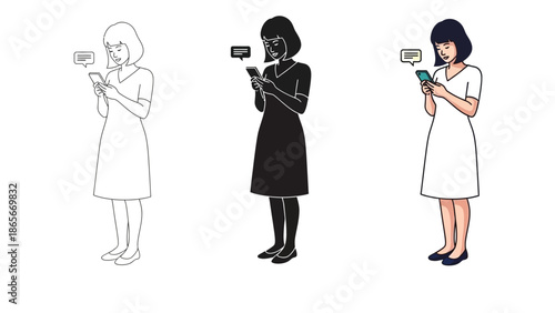 Woman using smartphone, set of three variations outline, silhouette, and full color illustration