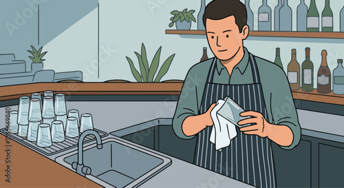Bartender Cleaning Glassware
A flat vector illustration of a bartender polishing glassware with a cloth. Stacked glasses and sink nearby. Flat vector style, simple and tidy bar environment.