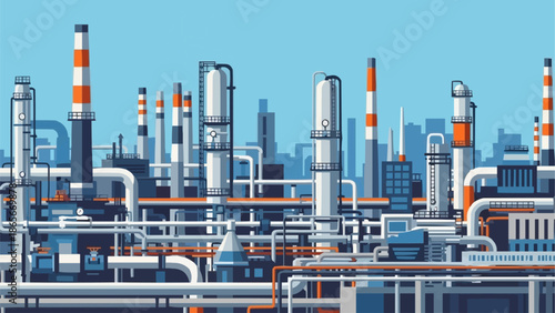 Industrial factory complex with many pipes and chimneys.