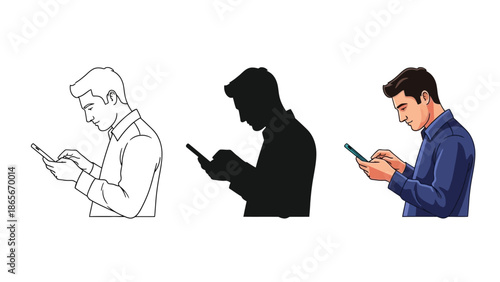 Man looking down at smartphone, different styles line art, silhouette, and full color illustration