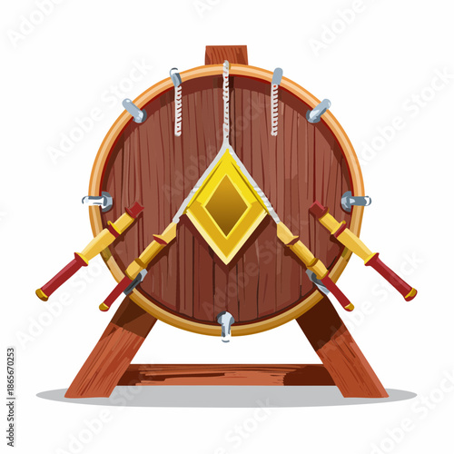 A wooden shield with metal clasps on a stand in a graphic illustration style