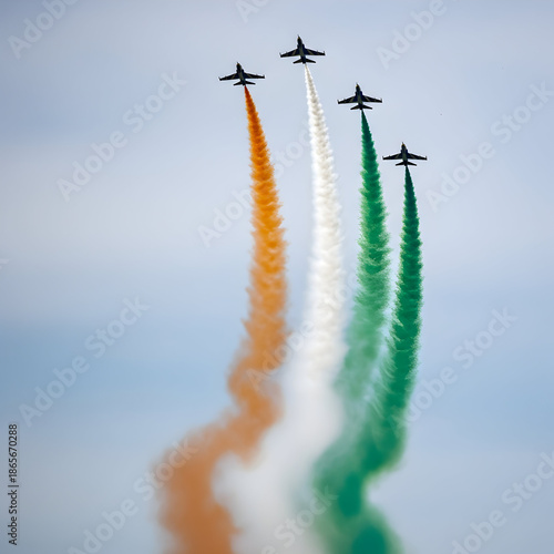 Indian air force jets flying in formation with colored smoke