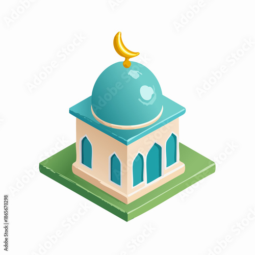 A serene mosque illustration on a green square base, viewed from an isometric perspective.