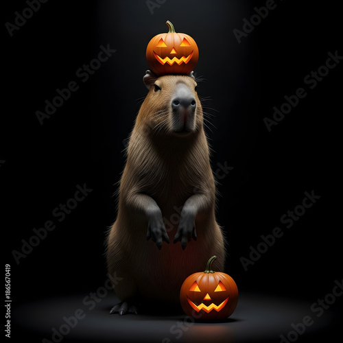 Bear with jack o lanterns in a spooky setting