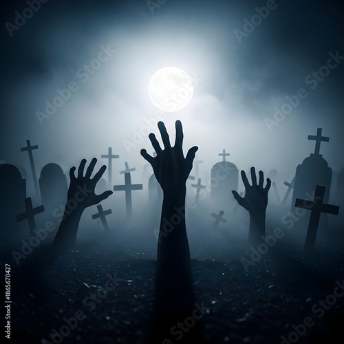 Zombies rising from a foggy graveyard at night