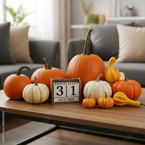 Autumnal pumpkins on a coffee table