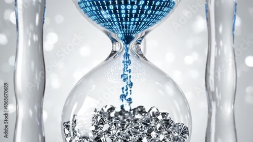 Close-up of an hourglass with silver coins and blue sand on a gray background with bokeh lights.