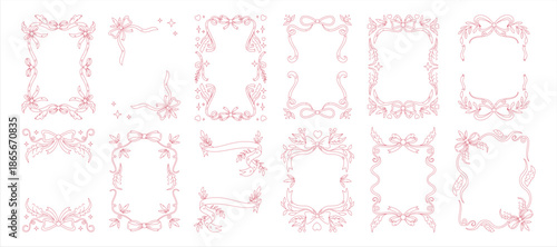 Bow frame. Vintage ribbon, doodle invitation. Card design element, birthday border. Cute retro pink certificate design. Outline object. Wedding postcard. Vector tidy decorative template isolated set