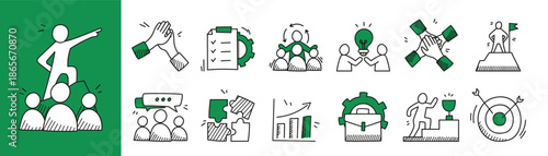 Teamwork icon. Hand drawn business sketches. Working together. Leadership targets, community gears for partnership organization, corporate process. Project management. Vector logo garish office set