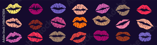 Lip sensual impression. Kiss stamp. Mouth mark. Labial imprint. Feminine oral shape. Smooch icon, red embrace glamour. Lip lock contour. Lipstick palette. Vector shadow tidy peck isolated elements