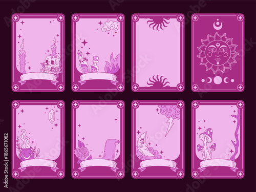 Tarot game cover. Deck card. Medieval mysterious frame. Fantasy vintage border. Hand painted, retro decor. Spiritual occult symbol. Framed banners design. Vector astrology tidy minimal illustration