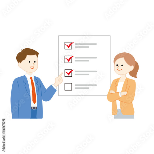 チェックリストを確認するビジネスパーソンのイラスト