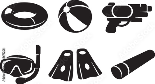 Summer Water Fun Toys Solid Black Silhouette Icon Set.eps