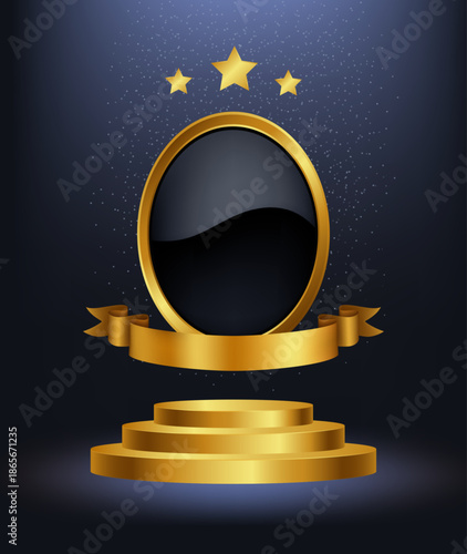 Golden podium. Luxury frame. Oval nominee border. Gold ribbon and stars. Pedestal steps. Winner portrait presentation. Champion empty planform. Premium exhibition. Vector award ceremony elements set