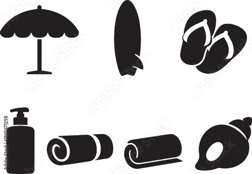 Summer Beach Essentials Solid Black Silhouette Icon Set eps
