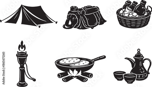 Desert Nomad Advanced Gear Silhouette Icons Set Tent, Camel Saddle, Supply Basket, Torch, Flatbread Pan, Teapot eps