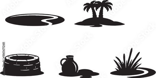 Desert Oasis & Water Feature Silhouette Icons Set Pond, Palm Island, Well, Jug, Reeds eps