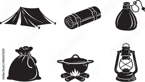 Desert Nomad Camp Silhouette Icons Set Tent, Sleeping Mat, Water Skin, Sack, Cooking Pot, Lantern eps