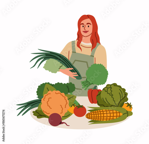 Local farm. Farmer with vegetables. Organic food. Natural farming fruits bazaar. Woman selling ripe harvest at stand. Person growing corn and cabbage. Agriculture crop sale. Vector isolated gardener