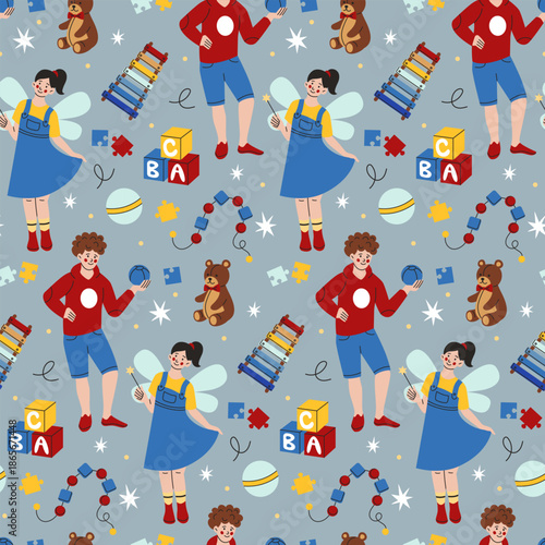 Kids toy seamless pattern. Happy children, fairy wings, teddy bears. Adorable boy and girl. Decor textile, wrapping paper, wallpaper. Print for fabric. Vector cartoon flat style isolated illustration