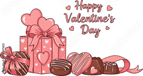 Adorable Valentine's Day Gift Box Collection with Pink Heart-themed Confections and Decorative Ribbons on a Black Background