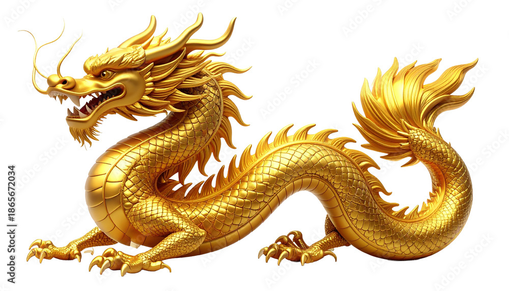 Fototapeta premium Golden chinese dragon isolated on white, mythology and culture symbol