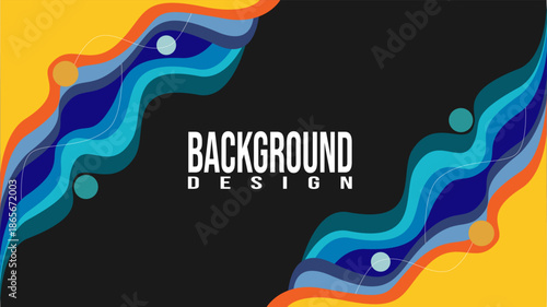 Modern abstract background design featuring layered flowing shapes with vibrant blue, orange, and yellow colors on a dark backdrop. Suitable for banners, posters, presentations, branding, web design