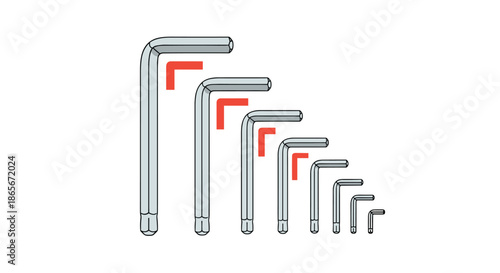 Set of silver allen keys or hex wrenches of various sizes arranged in a descending row with orange corner marks behind them.