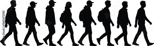 Silhouettes of diverse individuals walking side by side in profile, showcasing motion, posture, and casual urban lifestyle elements