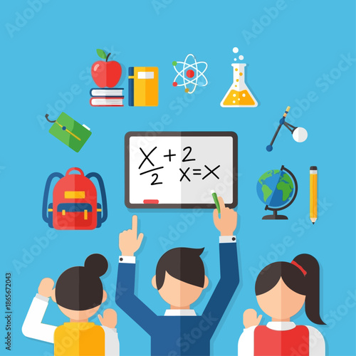 Flat design illustration of students learning in a classroom with various educational icons.