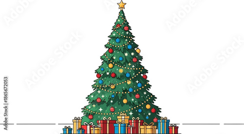 Festive Christmas Tree Decorated with Colorful Ornaments and Lights on Black Background