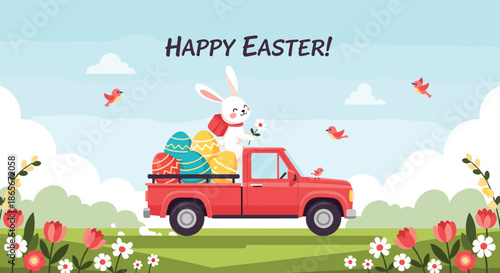 Cute easter bunny character driving a red pickup truck filled with large decorated easter eggs through a flowery meadow.