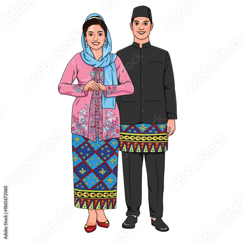 A young Indonesian couple in traditional Betawi clothing