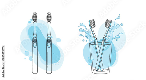 Two sets of toothbrushes shown vertically and in a glass with blue water splashes representing dental hygiene and freshness.
