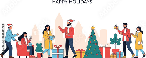 Festive holiday celebration with diverse group of people exchanging gifts around decorated Christmas tree with snow-covered cityscape background on
