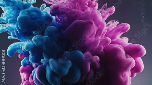 Close-up of blue and pink ink clouds suspended in water against a dark background with a shallow depth of field.